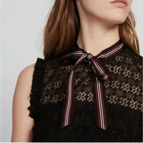 Sandro Fidele Black Lace Tie Neck Mini Dress - Picture 1 of 8